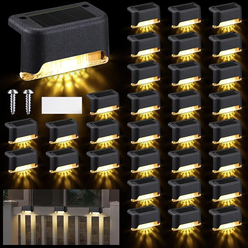 32Pcs Solar Deck Lights Outdoor Step Lamps Waterproof LED Fence Lightings Stairs Step Railing Patio Driveway Garden Pathway Yard