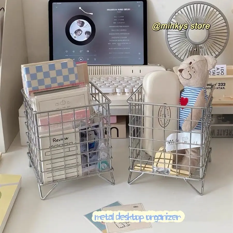 Desktop Storage Basket MINKYS INS Nordic Iron Desktop Storage Basket Office Cosmetics Makeup Storage Box Stationery Rack Desk Organizer