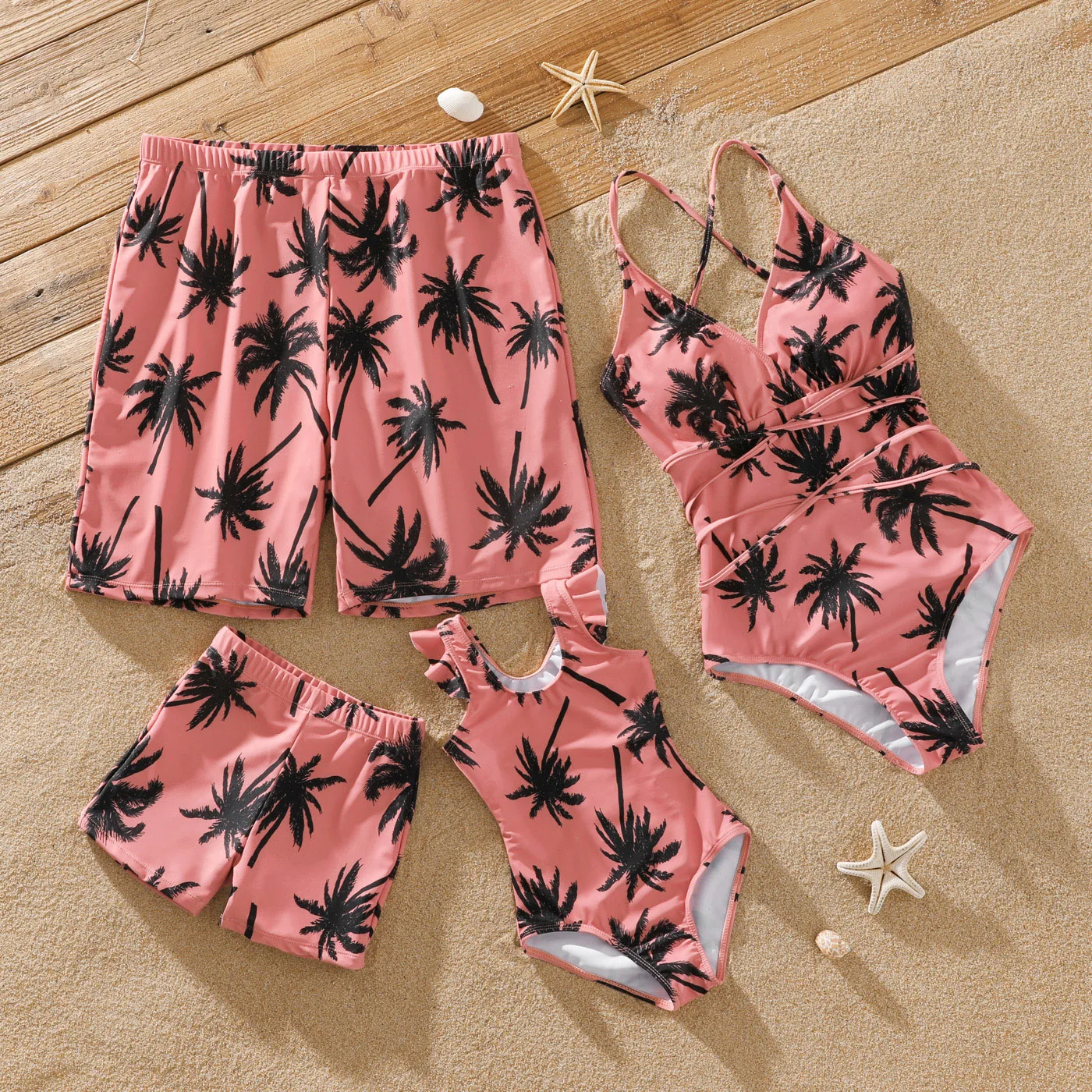 Patpat Family Matching Costume Da Bagno All Over Coconut Tree Print Pink Swim Trunks Shorts E Spaghetti Strap Costume Intero