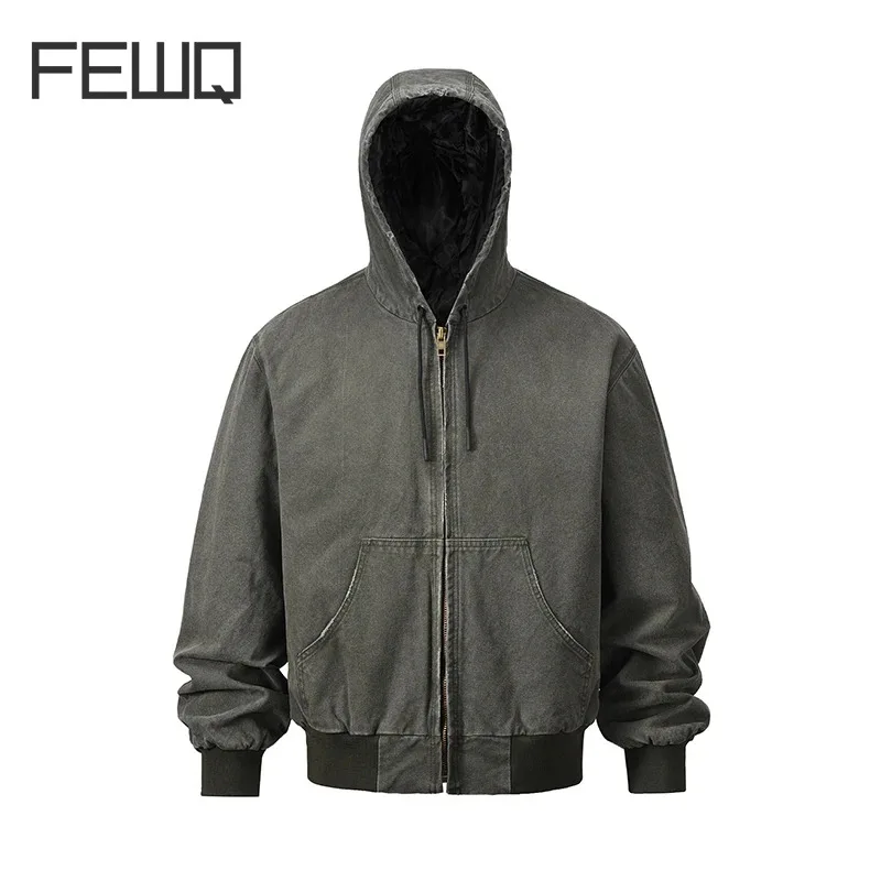 

FEWQ Men's Trendy Jackets Thickened Cotton Washed Hooded 2023 Solid Color Long Sleeve Zipper Male Tops Korean Fashion 24X4348