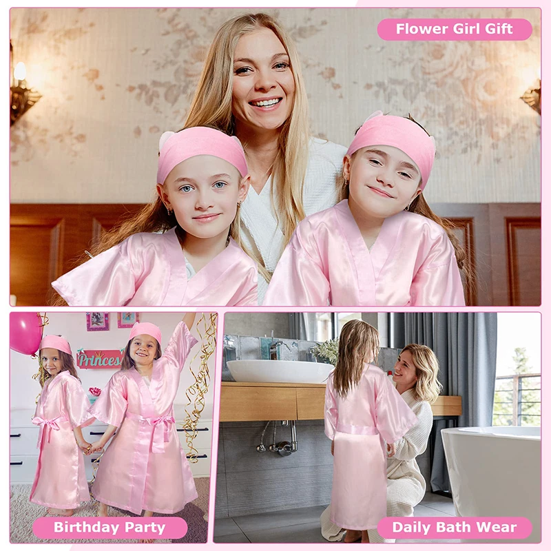 6Pcs Spa Party Robes Solid Kids Bath Robes Satin Silk Fashion Robes Birthday Nightgown Kimono Girl DIY Slumber Party Bathrobes