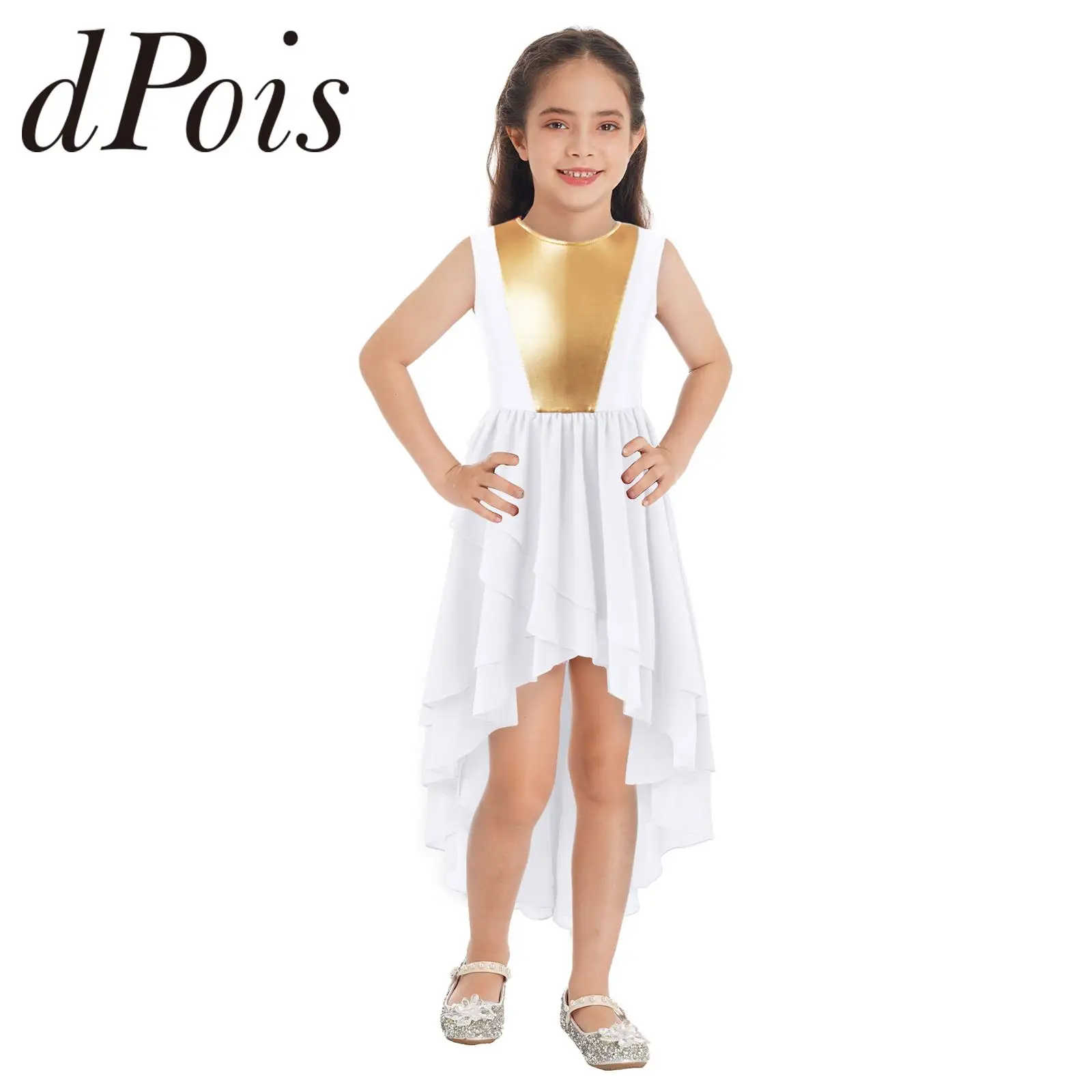 Kids Girls Praise Dancing Dress Metallic Patchwork Sleeveless High-Low Hem Worship Liturgical Lyrical Dance Clothing Dancewear