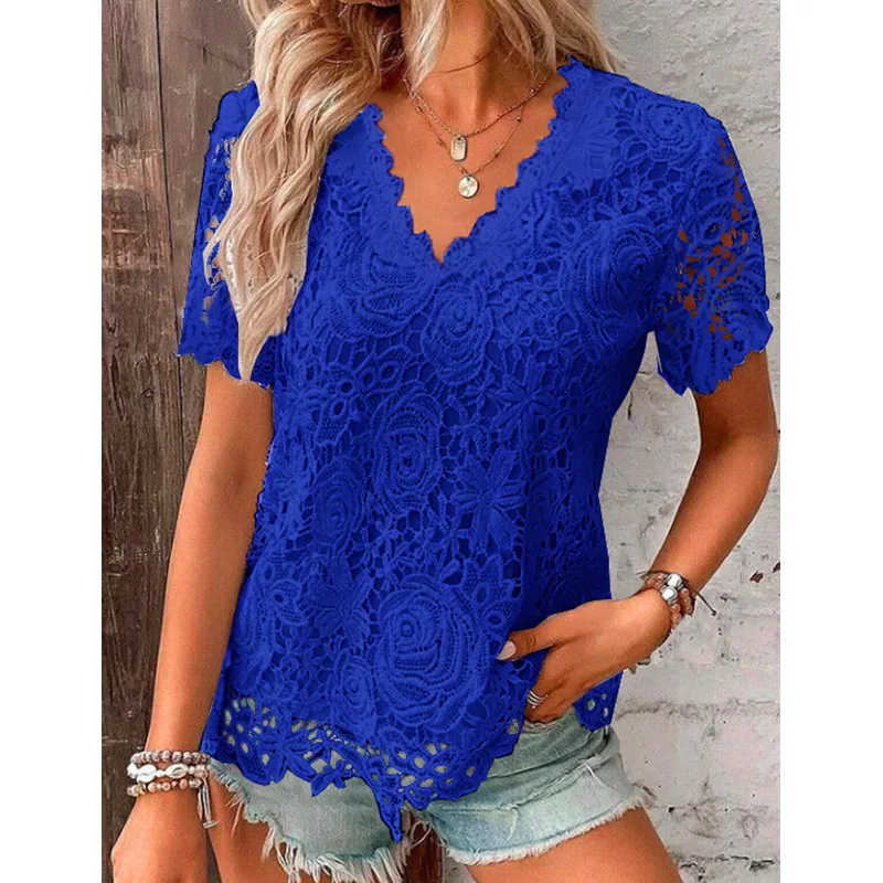 Summer New Blouse V-neck Elegant Lace Women's Casual Top Short Sleeved Flower Embroidered T-shirt 328