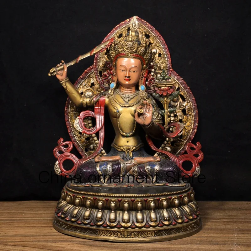 

32cm Chinese ancient pure copper Tibetan painting with multiple gemstones and backlit Manjushri Buddha statue