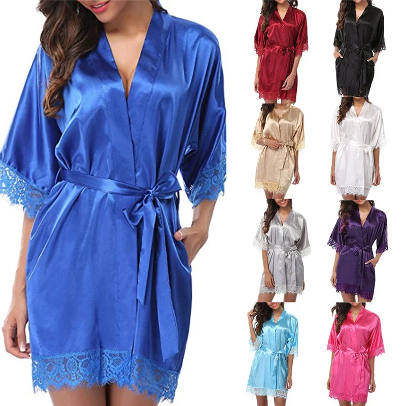 Women Sexy Silk Satin Poplin Lace Robes for Wedding Bridesmaid Bride