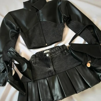 Y2k Leather Denim Patchwork Two Piece Set Women Hip Hop Patchwork Zippered Long Sleeve Jacket Sexy Short Denim Skirt Fashion Set 1