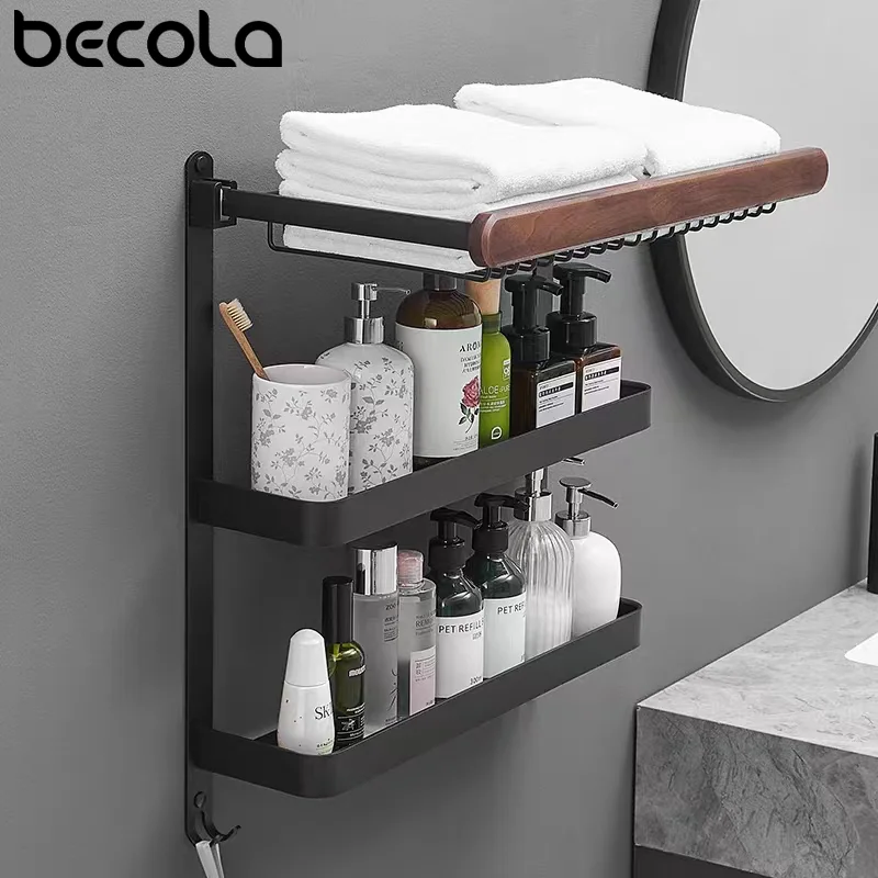 No Drilling Black Towel Holder Fold Hook Hanger Wall 30-60CM Clothes Rack Athroom Aluminum Shower Bath Toilet Storage Shelf