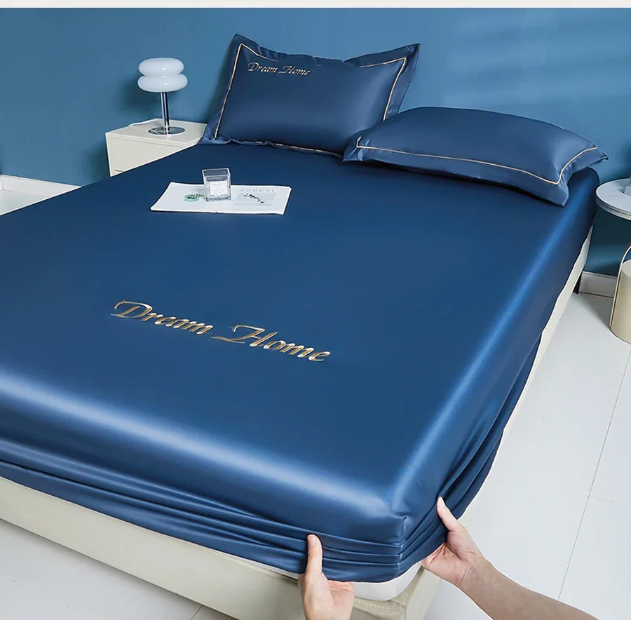 WASART Glatter Satin-Rayon-Spannbettlaken, Matratzenbezug, Sommer-Tagesdecken, solide, seidige Stickerei, Paar, luxuriöses Doppelbett, Bettlaken – Detail 8