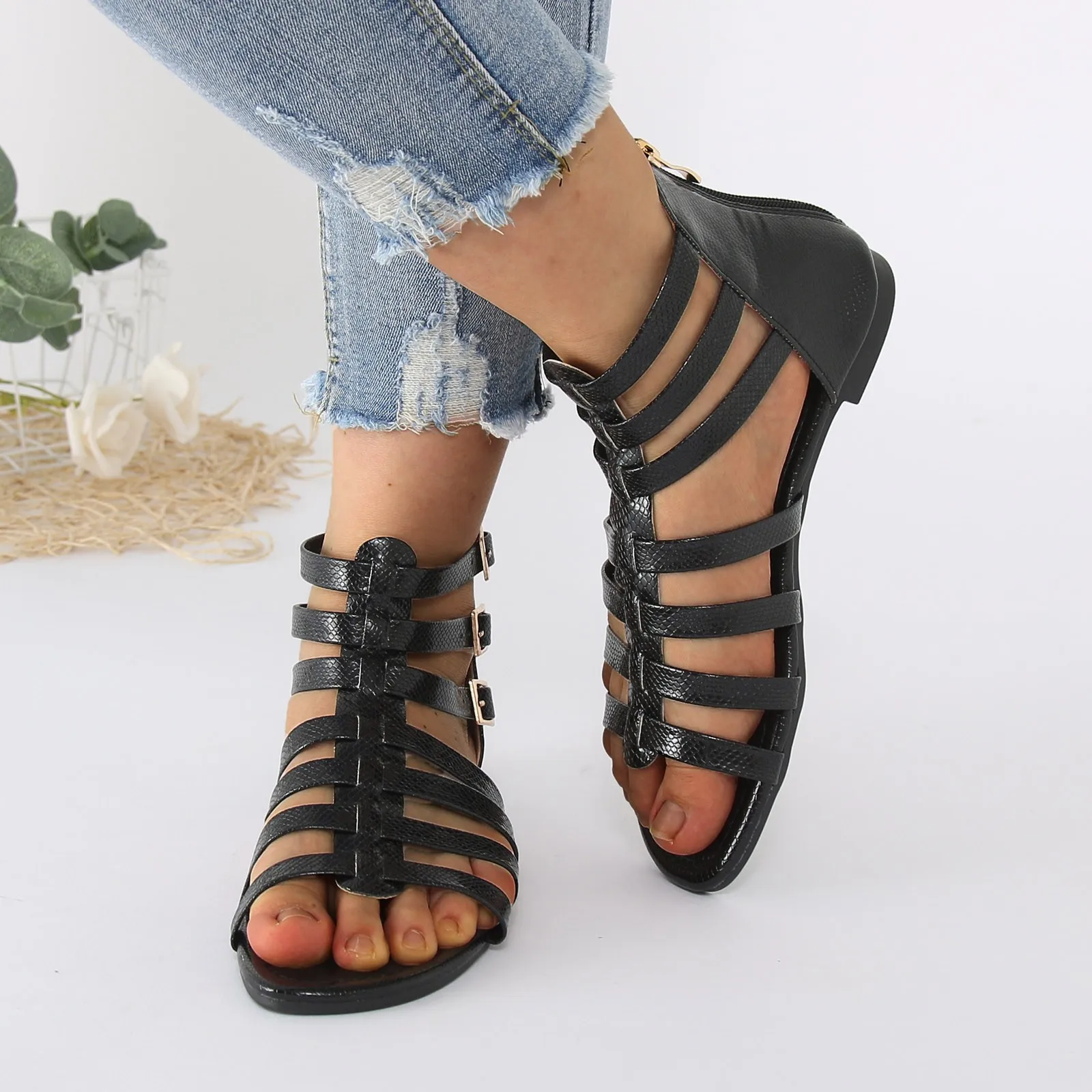 

Women Shoes Rome Sandals Bohemian Style Shoes Zip Up Back Medium Length Heel Outdoor Shoes Platform Sandals Outdoor Heels Shoes