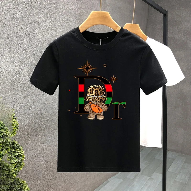 Summer American Tide Brand Dr Letter Leopard Print Back Bear Men's And Women's Casual Cotton Short Sleeve T-shirt_voghion.com