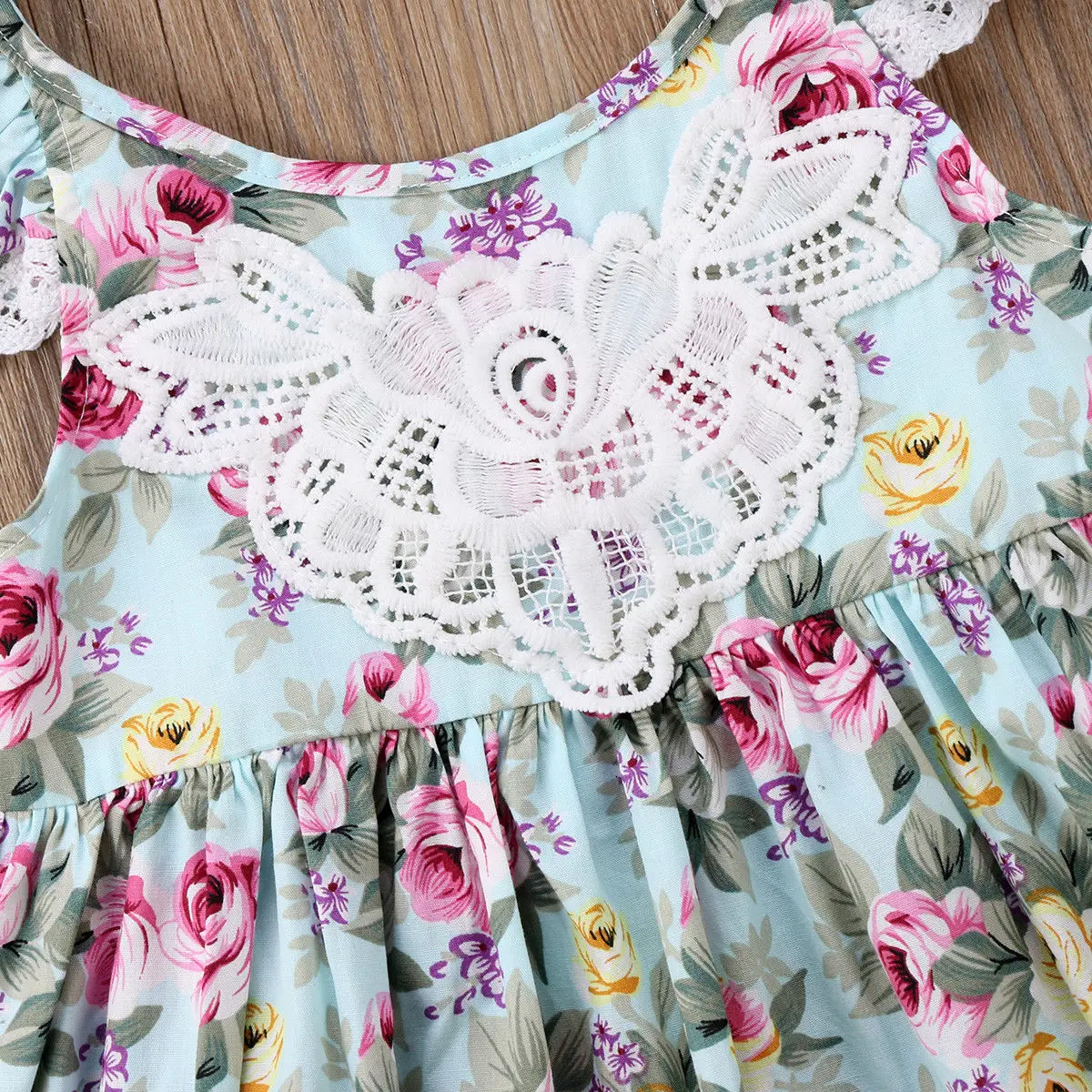 2-7T Baby Girl Summer Sweet Floral Dress Ruffled Sleeves Open Back Lace Stitching Sundress Kids High Waist Princess Dress