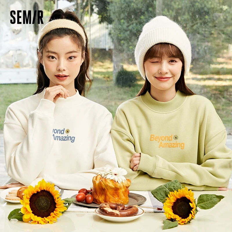 

Semir Sweatshirt Women Stand-Up Collar Plus Velvet 2023 Winter New Oversize Drop Shoulder Sweet Letter Sweater