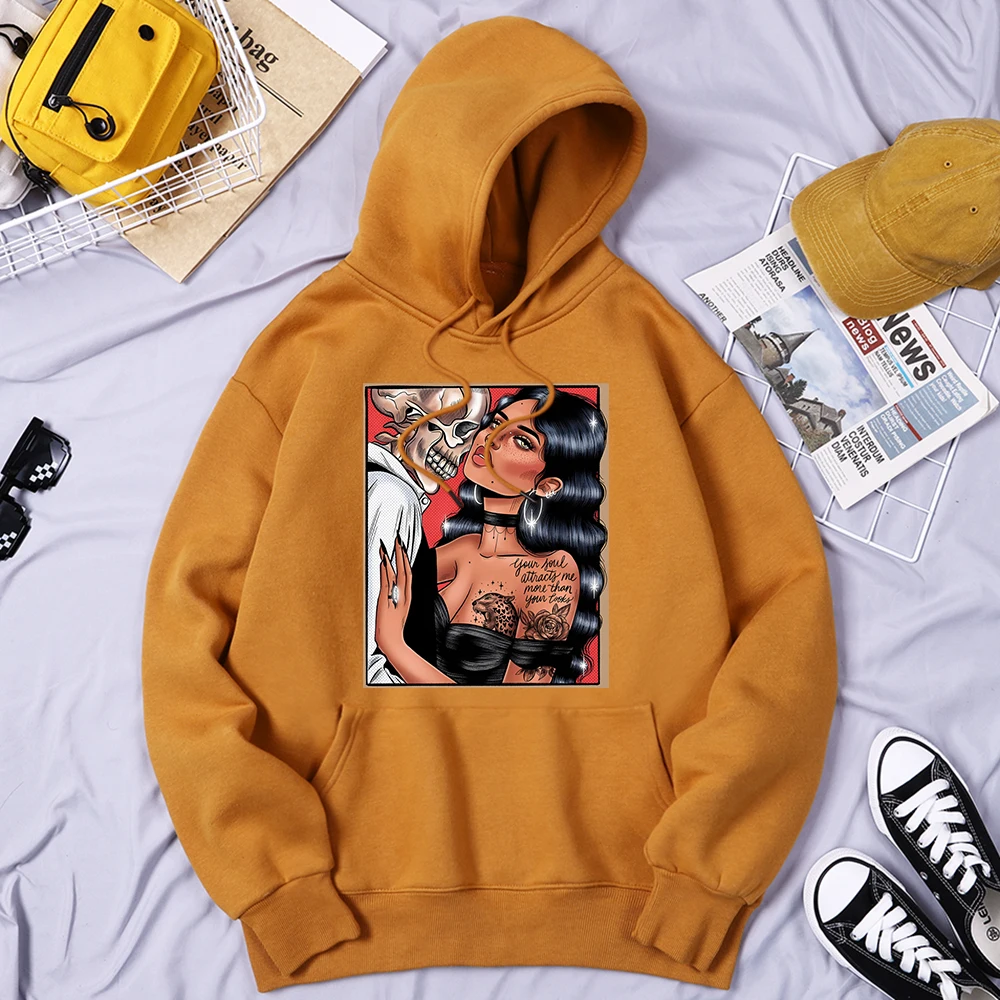 

A Cool Girl With Tattoos Falls In Love With A Skeleton Male Hooded Vintage Loose Tops Classic Daily Hoodie Fleece Daily Hoodies