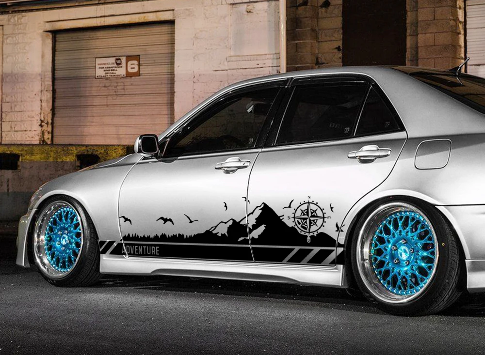 2 stücke Autotür Seiten aufkleber Kompass Berg Möwe Grafiken lange Streifen Vinyl Film Aufkleber Dekoration Auto Body Tuning Zubehör – Detail 1