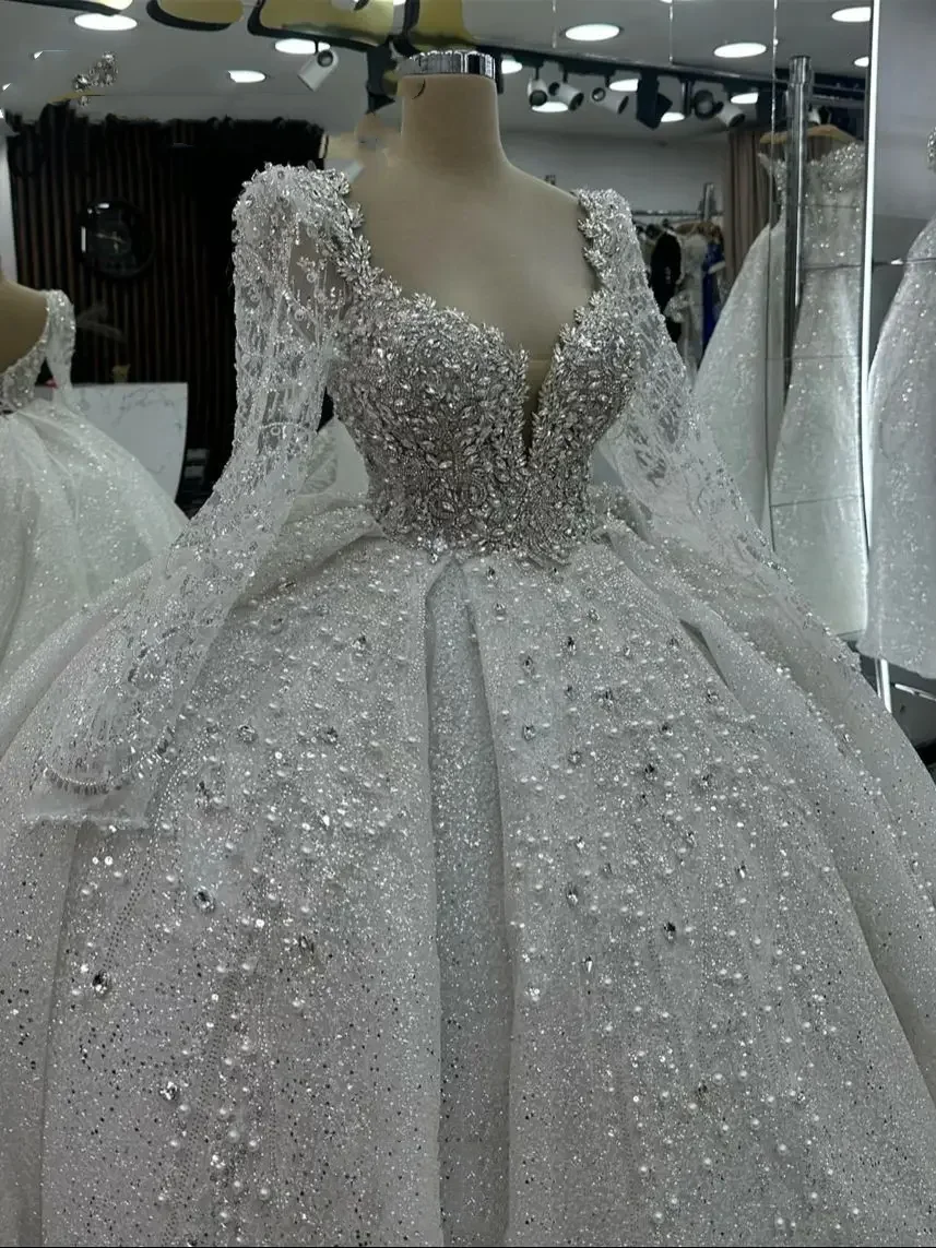 Customized Luxury Princess Wedding Dresses Sweetheart Neck Long Sleeves Vestido De Novia Lace Sequined Bride Robe De Mariee