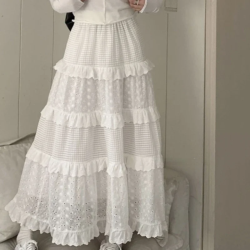 White Long Skirt Women Korean Fashion New Cute Hook Flower Patchwork Ruffle High Waist A-line Skirts Wholesale