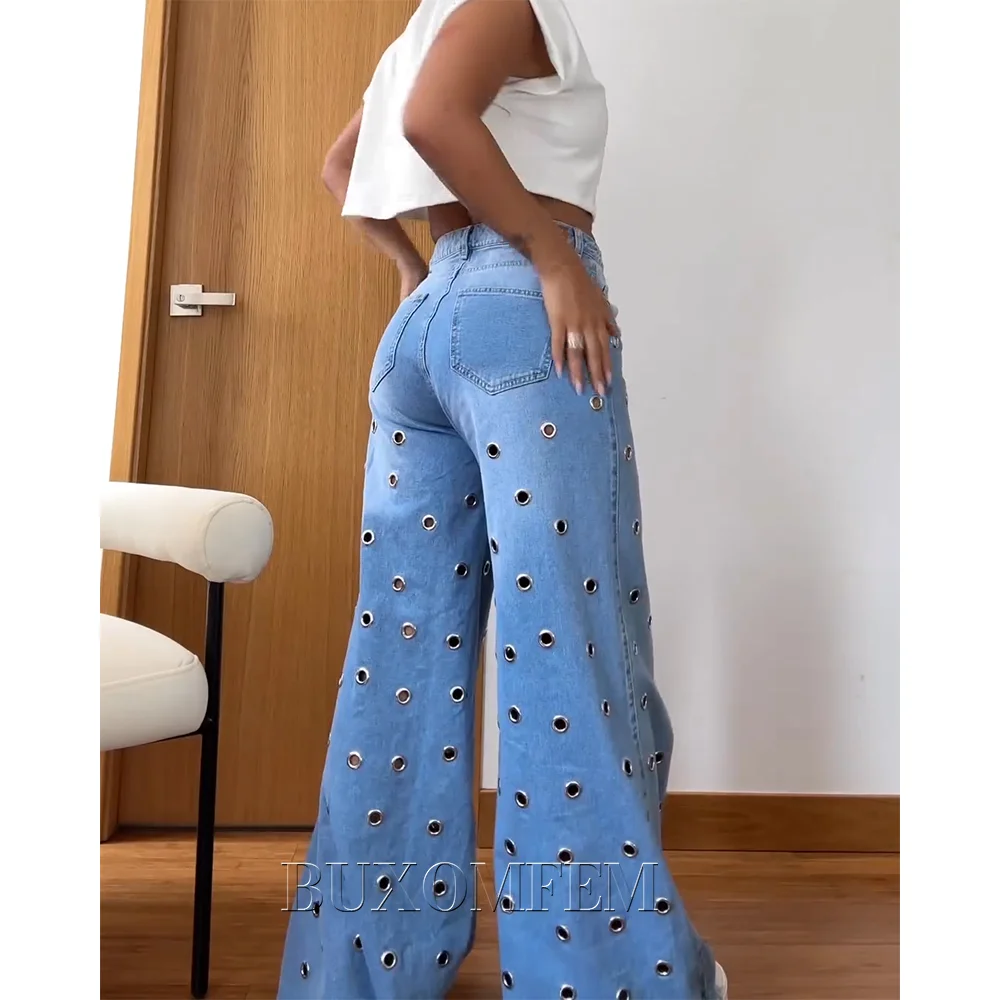 2024 Women's Wide Leg Pants Unique New High Waist Slim Fashion Jean Women's Light Blue Holes Stylish & Comfortable Denim Pants