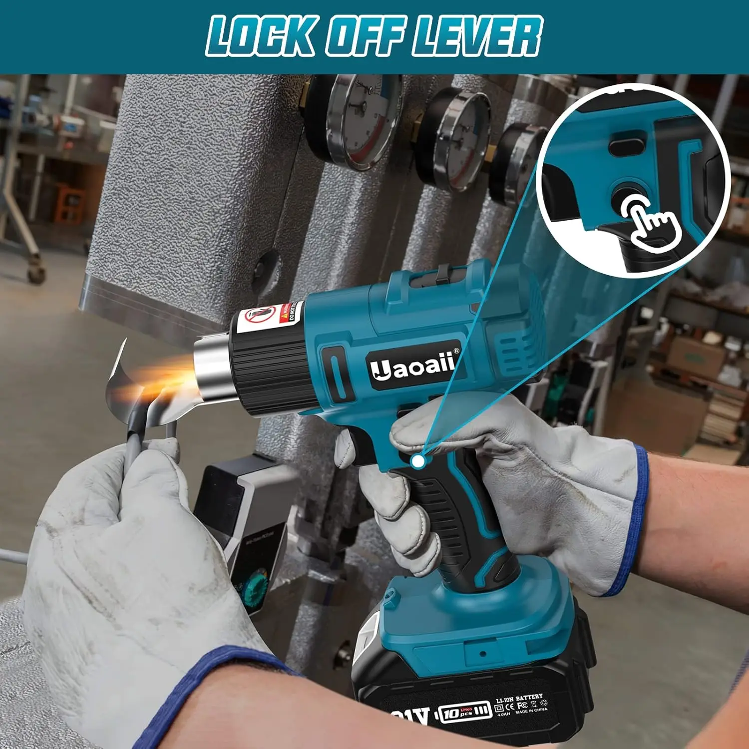 Heat Gun, Uaoaii 21V Hot Air Gun w/ 2x 4.0Ah Rechargeable Battery, 4 Nozzle, Led Light & Suitcase, 2-Temp Setting Max 1