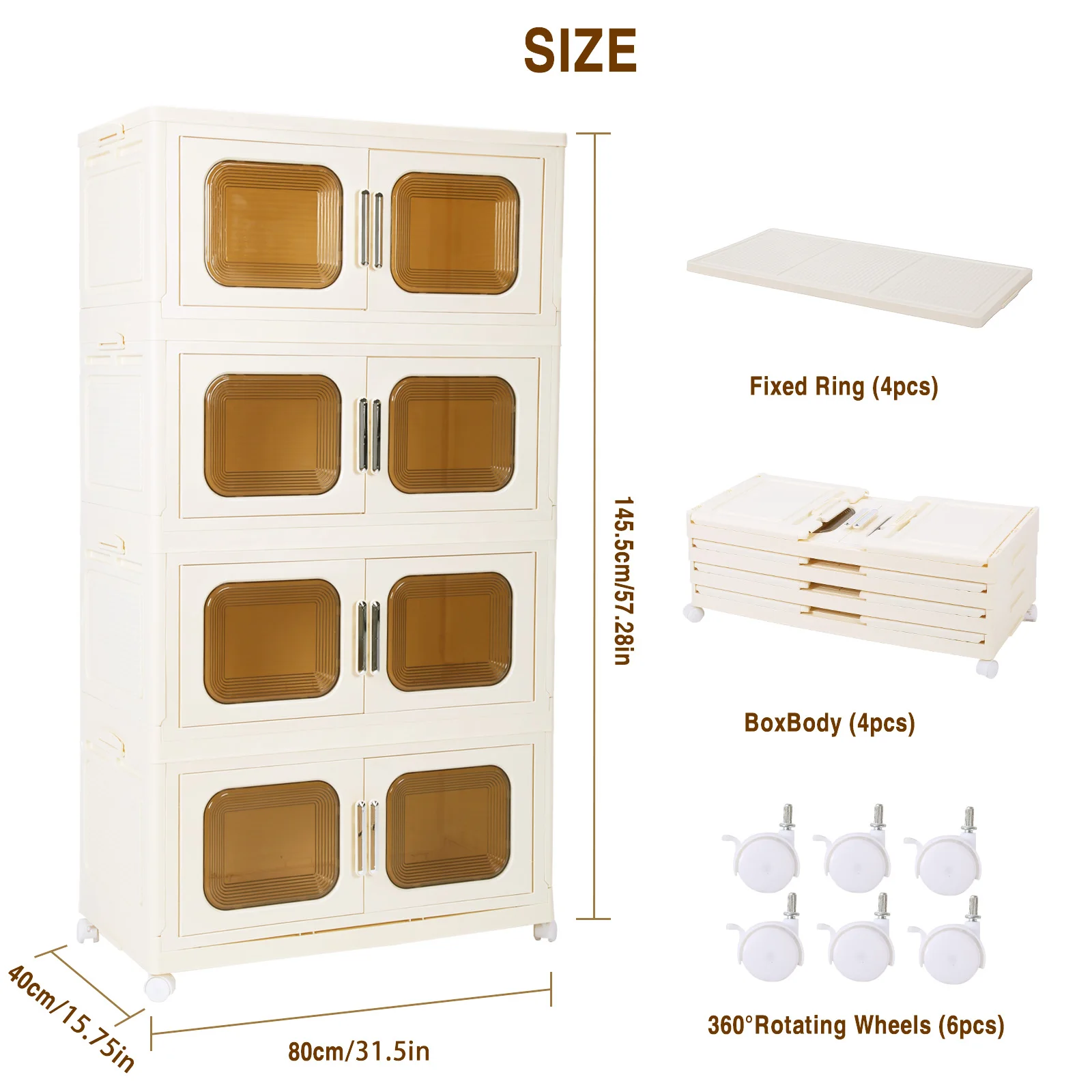 4 Pack Foldable Storage Box with Wheels and Magnetic Doors Plastic Storage Bins Wardrobe Organizer and Pantry for Home