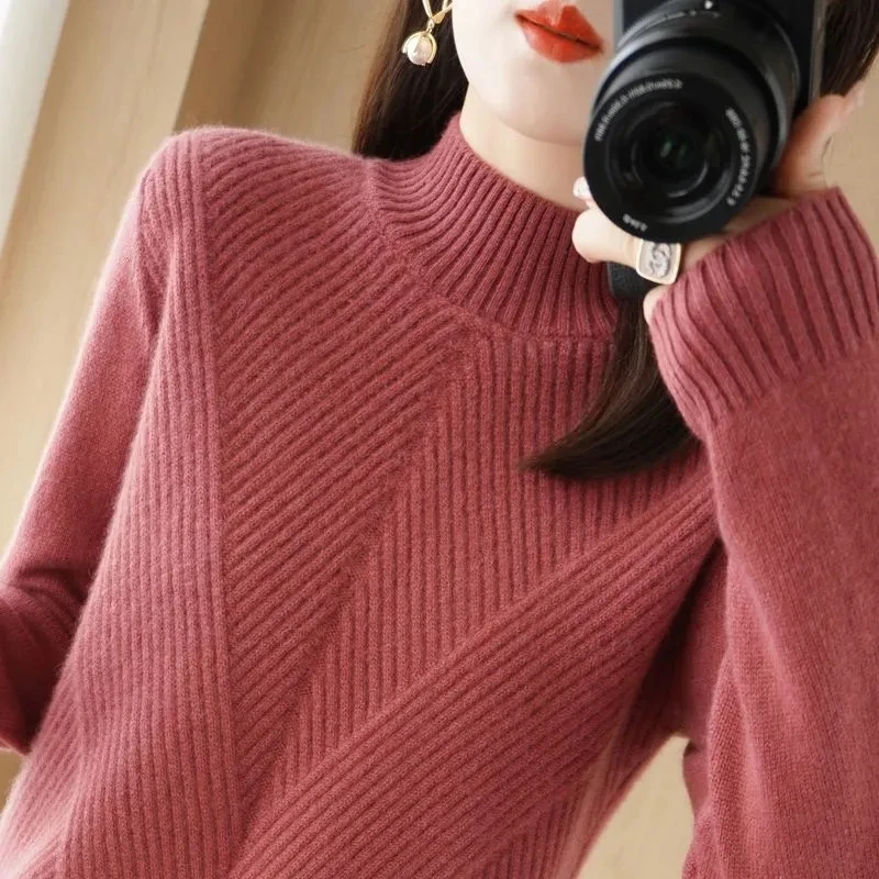 2023 Autumn Winter Women Sweaters Pullovers New Solid Half Turtleneck Twill Knitted Sweater Female Bottom Jumpers Tops Clothing