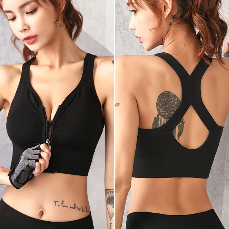 

Cut Out Back Ruched Zip Up Sports Bra Zipper Push Up Yoga Bra Vest Underwear Shockproof Breathable Gym Fitness Athletic Running