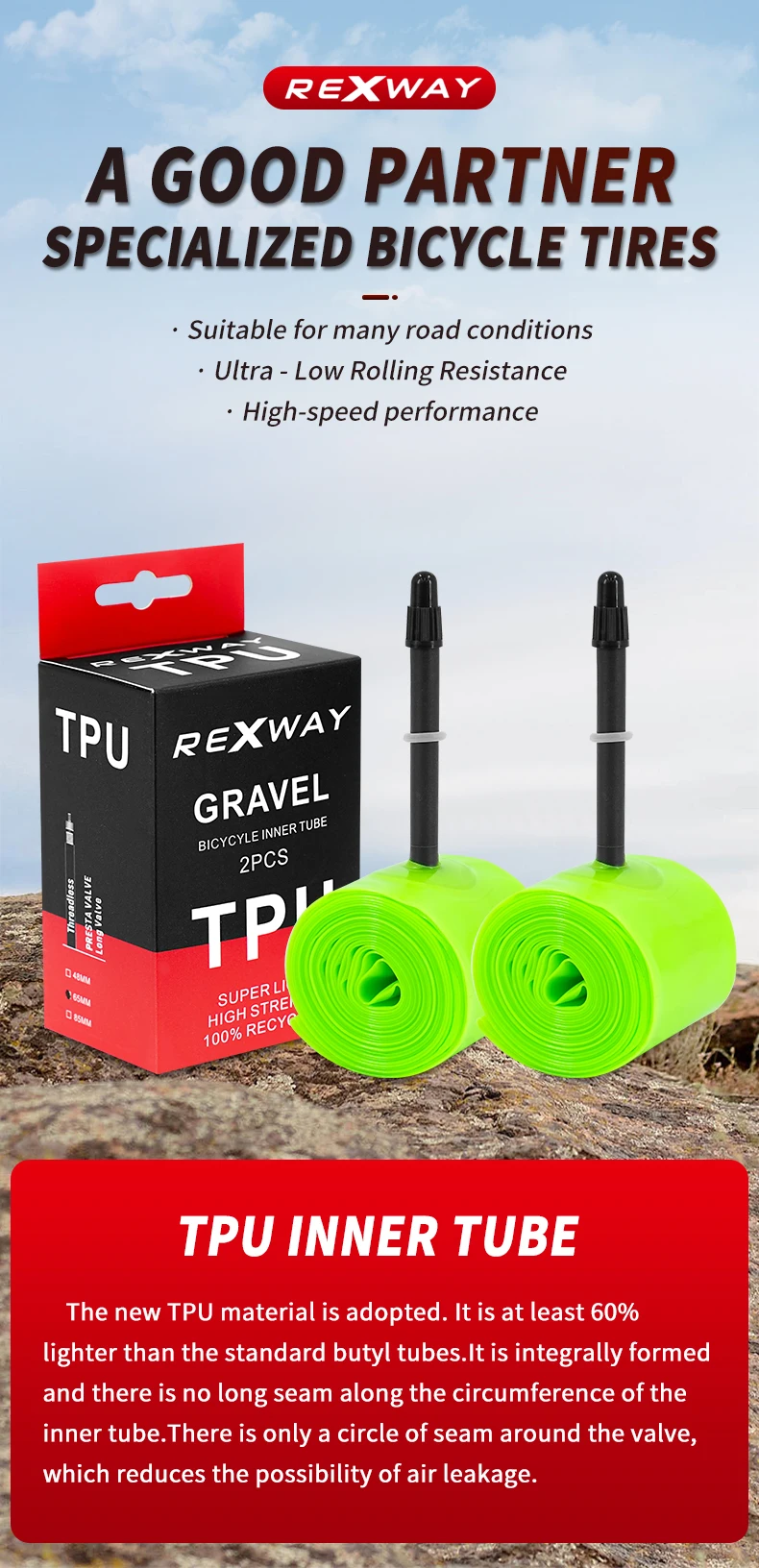 REXWAY TPU TUBE700X32-47 FV48MM 65MM GRAVEL BIKE – Detail 1