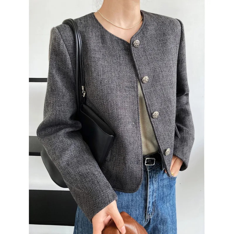 

Autumn Women Short Tweed Jacket Round Neck High Waist Single Breasted Long Sleeve Coat Tops