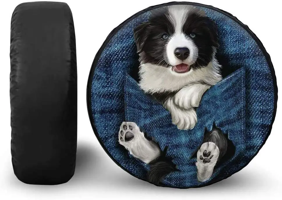 

Очаровательные синие джинсовые карманные аксессуары для украшения автомобиля PZZ BEACH щенки бордюра колли запасная крышка для шины, универсальная подходит для 14/15/16/17/18