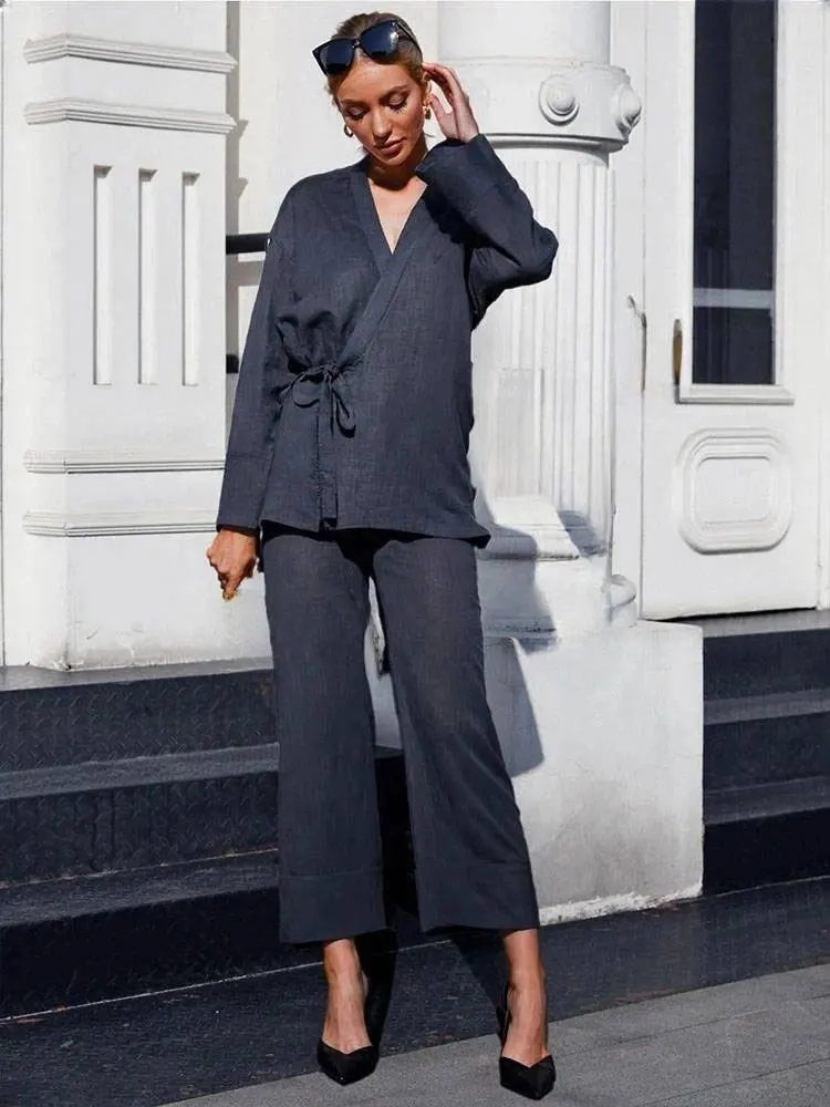 HH Women Casual Pajama Style Blouse Pant Sets Long Sleeve Bow Lace Up Shirts Elastic Waist Trousers Female Grey Outfits