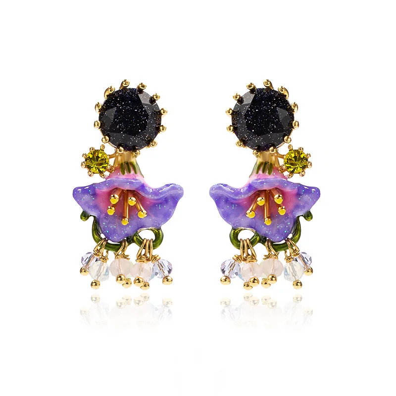 

Japanese Sen style girl retro enamel morning glory vine S925 silver needle fashion ear hole free metal ear clip earrings