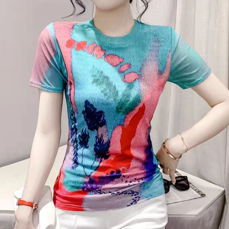 

Summer New Round Neck Fashion Short Sleeve T-shirt Women High Street Casual Loose Pullovers Elegant Printing All-match Lace Tee