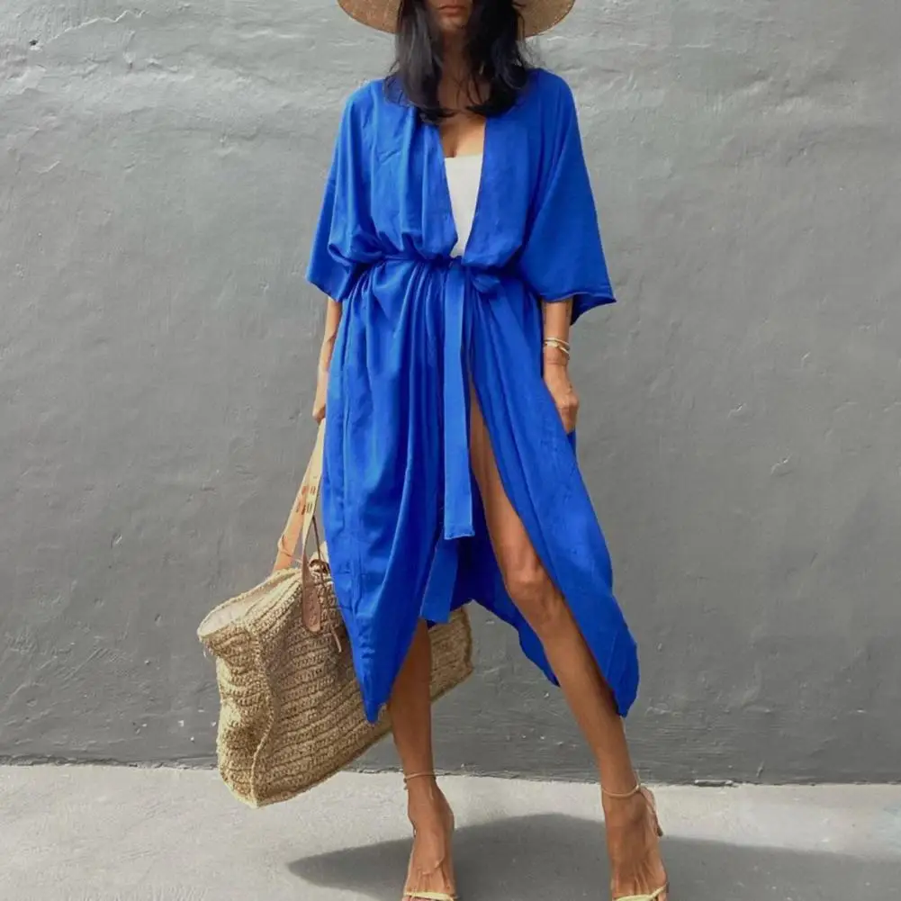 Women Beach Cover Up Cardigan Lady Girls V-neck Half Sleeve Quick-Drying Loose Fit Swimwear Beachwear Bathing Suit Robe 6