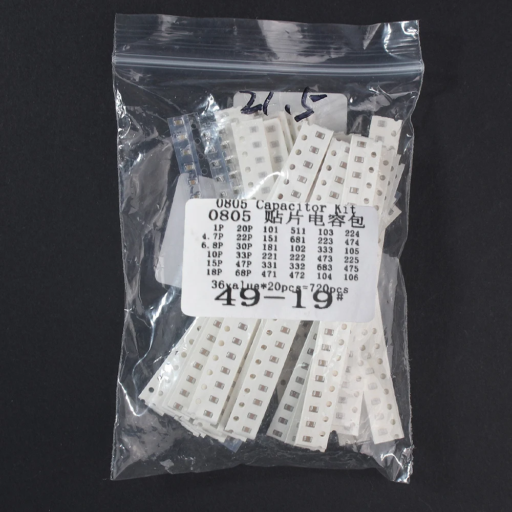 0805 SMD Capacitor Kit 720PCS 1pF ~10uF 36 Values*20pcs 0805 Capacitor Assorted Set 10PF 30PF 47PF 330PF 4.7NF 10NF 68NF 100NF