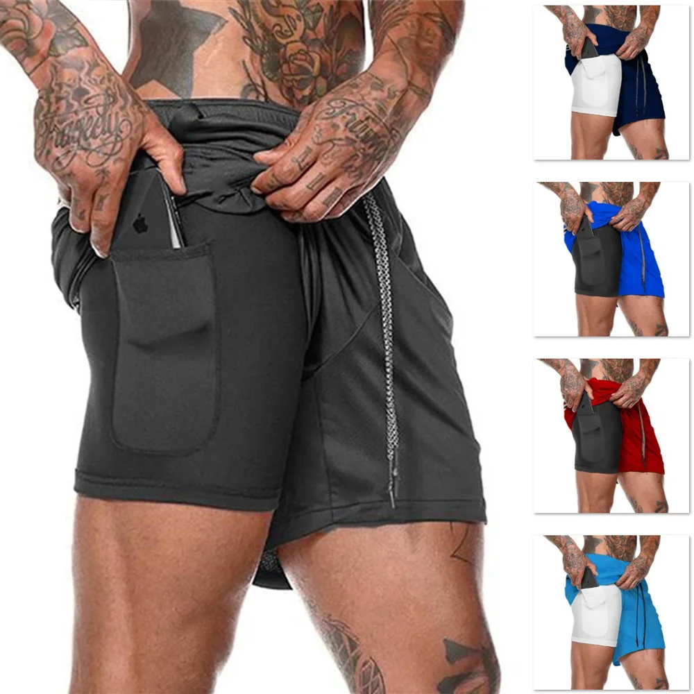 2023 European Men's Sports Summer New Double Layer Mobile Phone Pants Gym Exercise Jogging Training Shorts