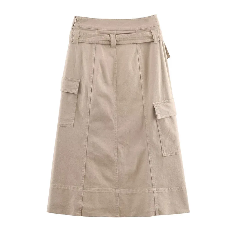 Women Midi Skirt With Pocket Cargo Long Skirts 2026 New Fashion Belt Midi Skirts ﻿For Women High Street Casual Skirts Mujer