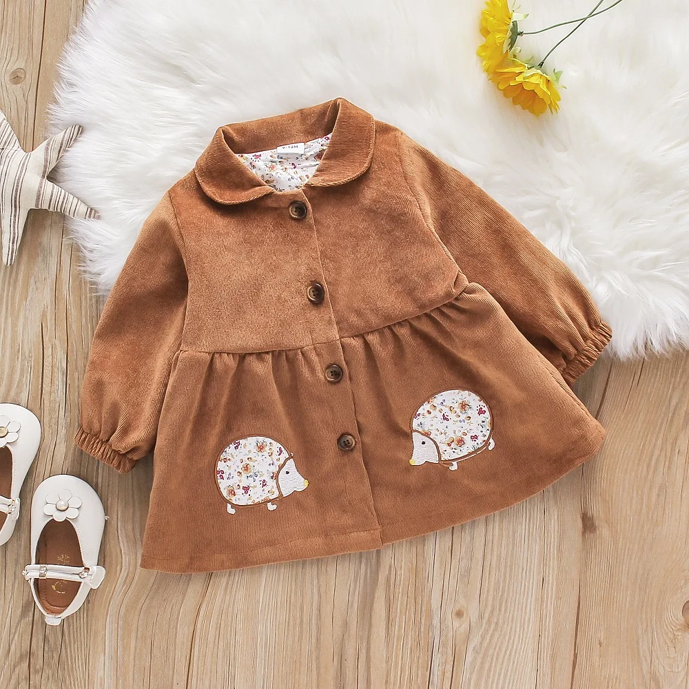 Spring and Autumn Baby Girl's Solid Color Single breasted Collar Cartoon Long Sleeve Corduroy Jacket Casual Top