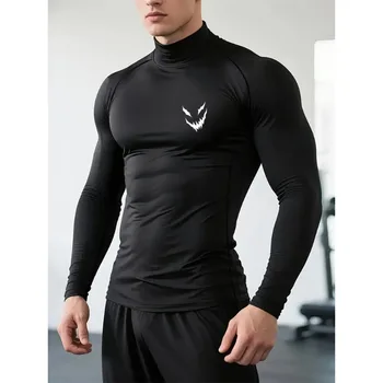 Men Funny Smiley Print Quick-drying Tight Top Gym Workout T-shirt Training Stretch Turtleneck Breathable Sports T-shirt S-3XL 1