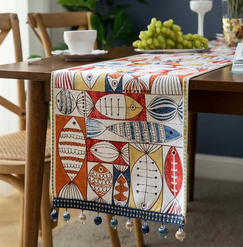 Retro Fish Table Runner Chenille Tassel Table Flags Nordic Pattern Runners Home Decorative Cloth for Dining Room