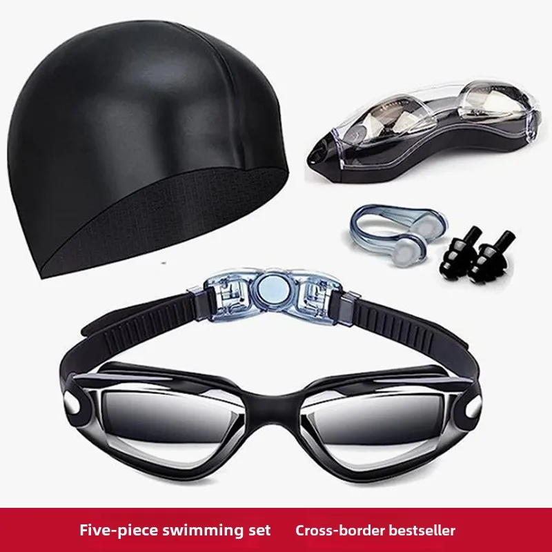 Swimming Eyewear And Cap Set For Adult Men,High-Definition Anti Fog Electroplated Swimming Goggles,Female Nose Clip Earplug Set 2