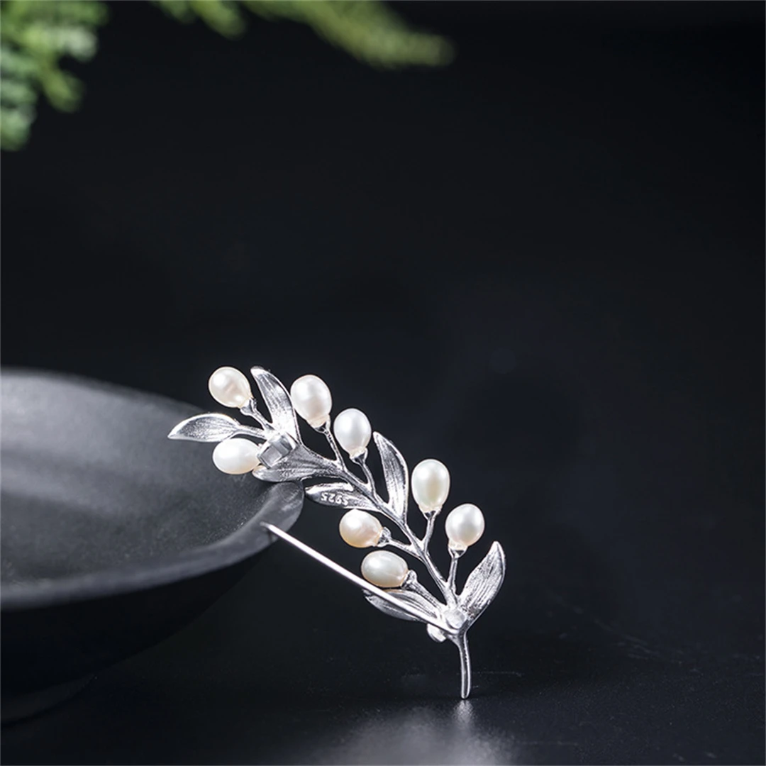 New 100% S925 Pure Silver Suit Exquisite Dress Jacket Freshwater pearl Women's Men Brooch olive Branch Accessories Jewelry 5