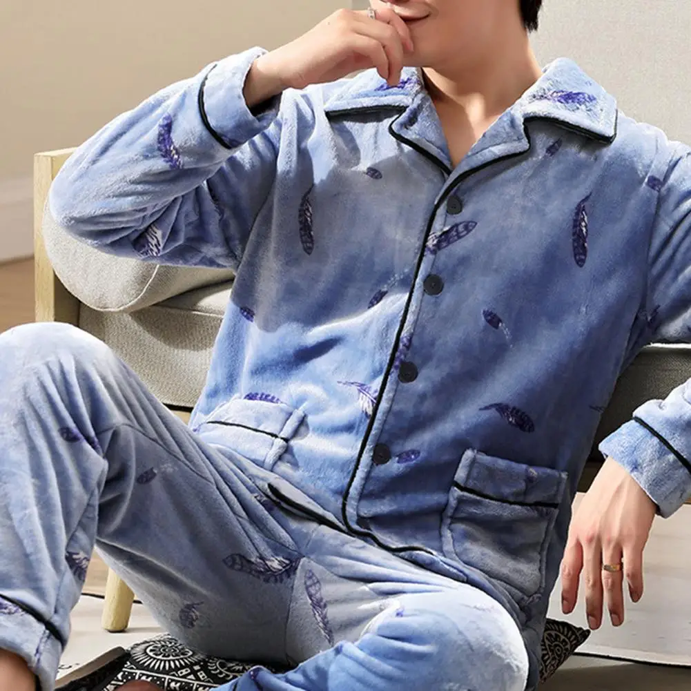 Loungewear Set Men's Winter Pajamas Set with Lapel Striped Top Elastic Waist Pants Thick Warm Soft Homewear with Pockets for Men