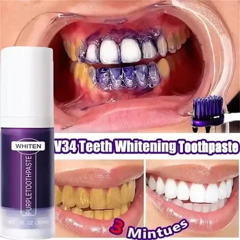 V34 Dentifricio sbiancante per denti viola Rimuovi macchie di placca Pulizia Igiene orale Strumenti per candeggina dentale Alito fresco Cura dei denti
