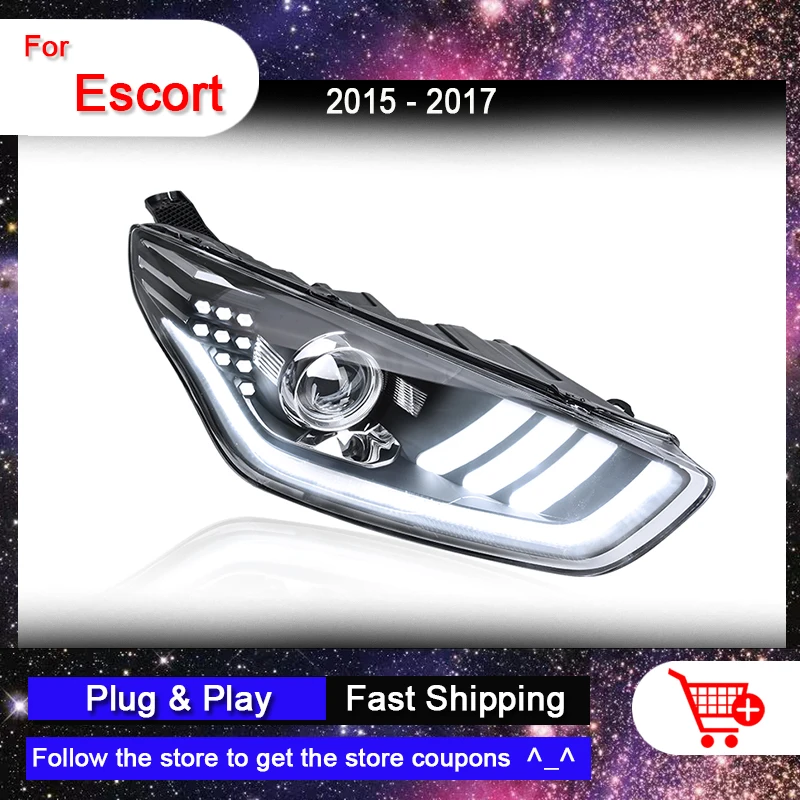 

Фары для автостайлинга, подходят для Ford Escort 2015-2017, для оформления в стиле Mustang, зеркальные линзы с Bi-focus, передние сигнальные огни, автоматическая сборка