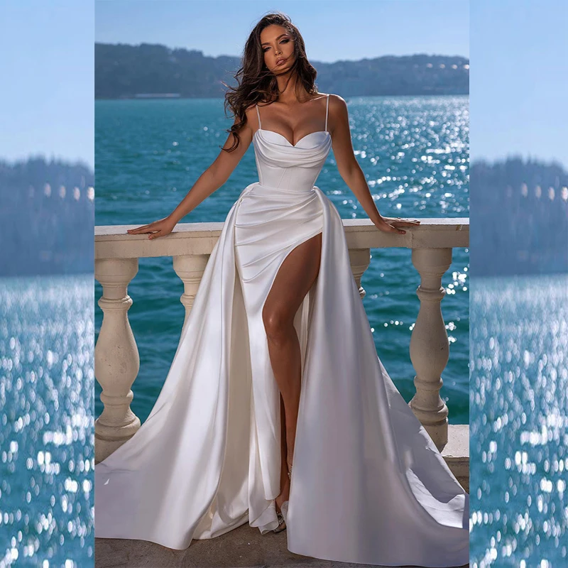 

Rose Moda Thin Straps High Slit Wedding Dress with Overskirt Destination Bridal Gown Custom Make
