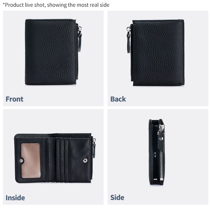 Womens Short Genuine Leather Wallet Small Compact RFID Blocking Credit Card Case Purse with Zipper Pocket Fashionable Ultra-thin