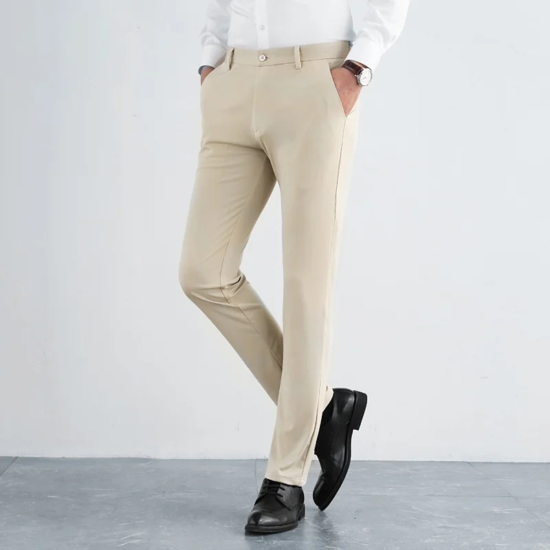 England Style Fashion Simple Elegant High Elastic Pants Men Solid Zipper Pocket Button Spring Straight Ice Silk Casual Trousers