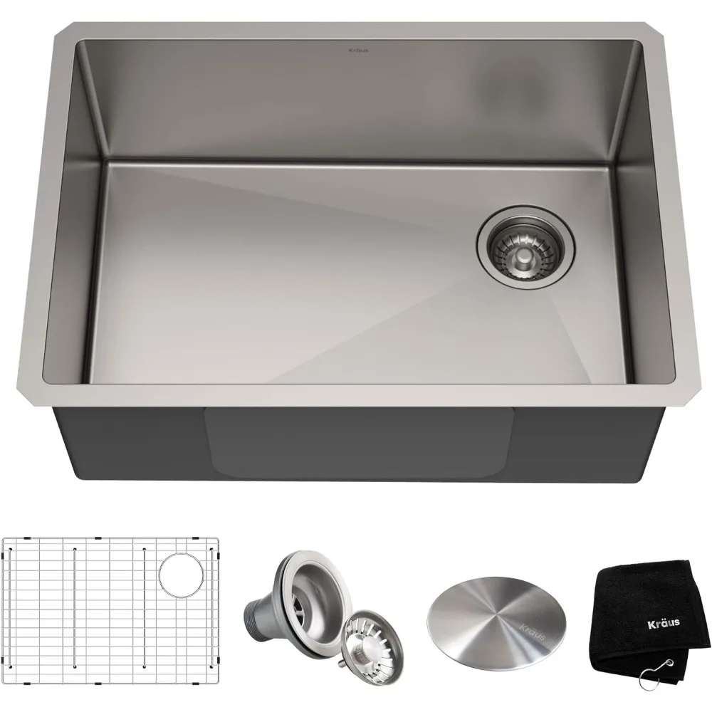 

27-inch 16 Gauge Undermount Single Bowl Set (5 Item Bundle: Sink, Bottom Grid, Assembly, Drain Cap, Kitchen Towel)
