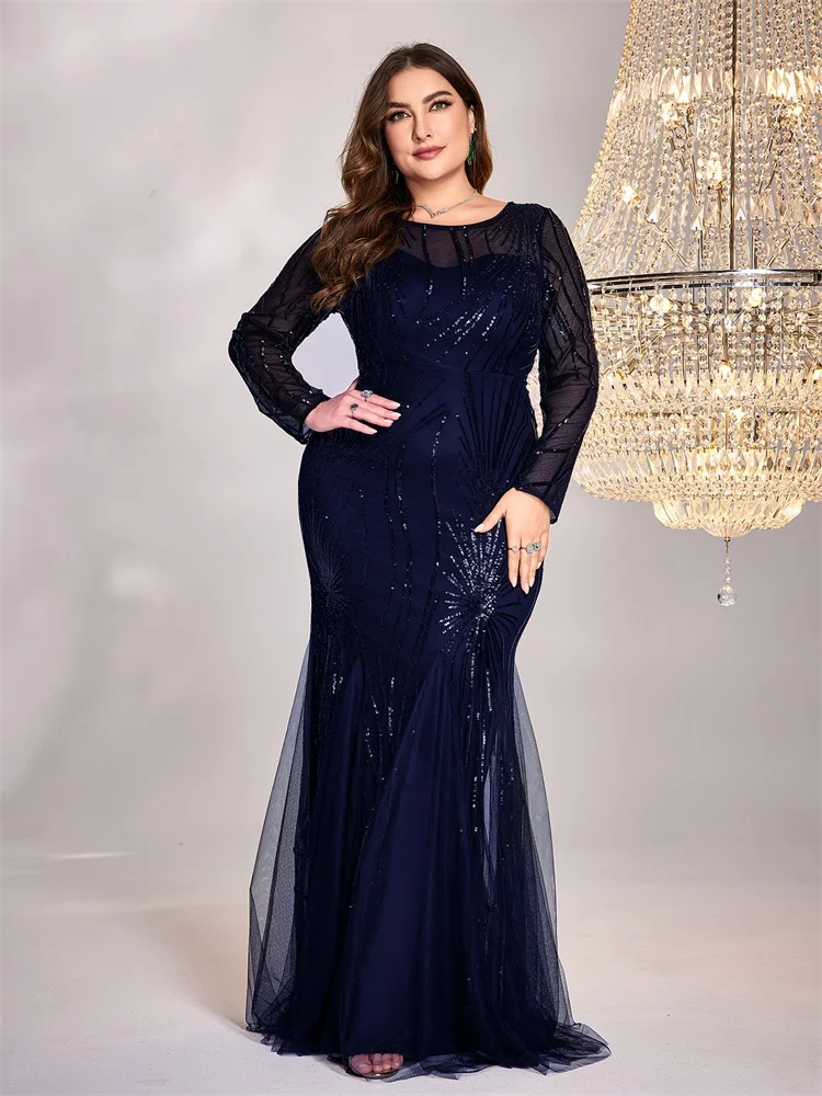 Plus Size Elegant Long Sleeves Sequins Evening Dresses Luxury Women Mermaid Formal Party Maxi Cocktail Gowns
