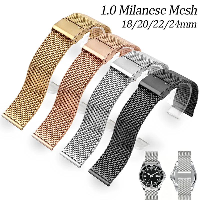 Stainless Steel Mesh Milanese Watchband - Quick Release Bracelet in Silver, Gold, and Black