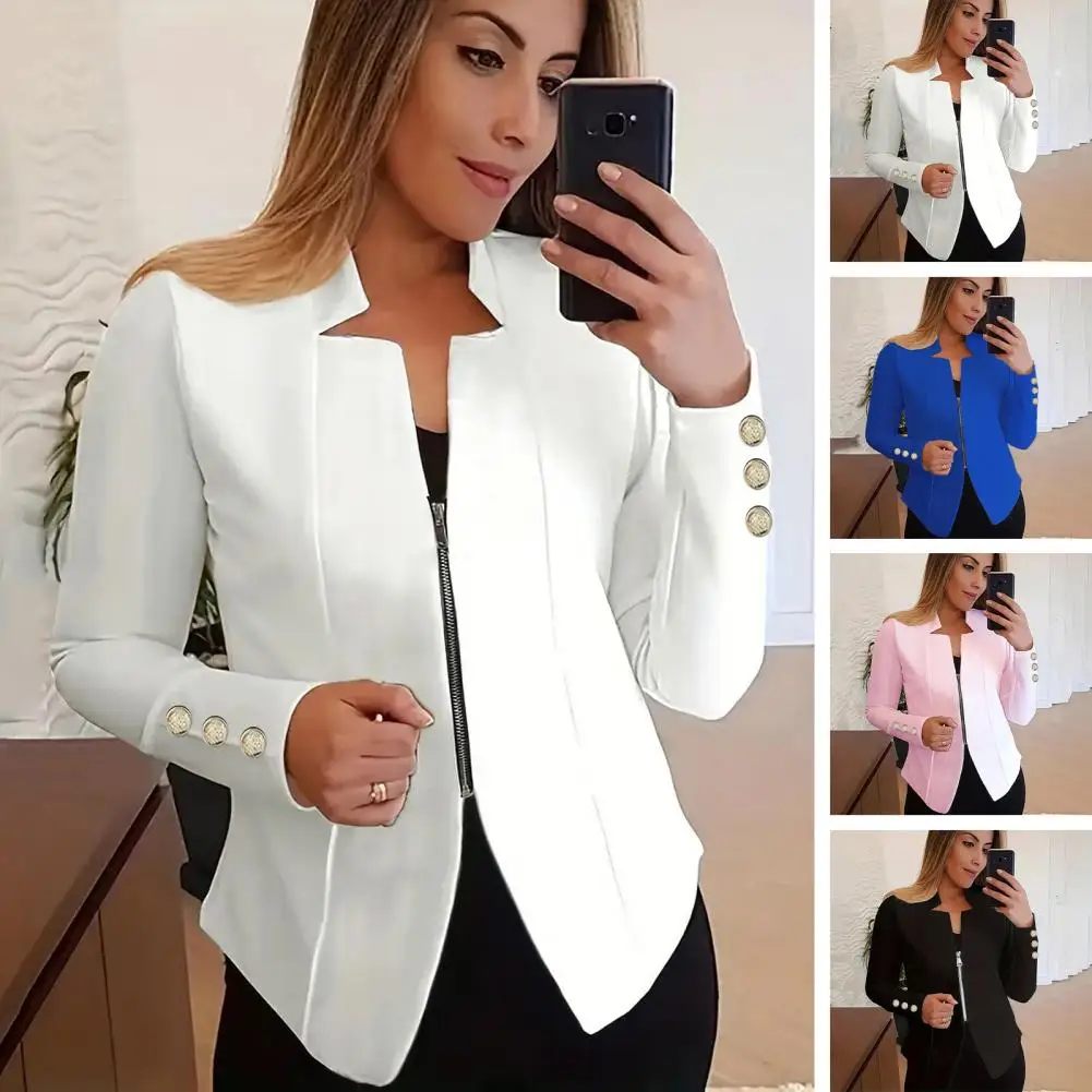 

Zipper Design Suit Coat Professional Women's Slim Fit Business Suit Coat with Zipper Placket Notched Collar Solid for Spring